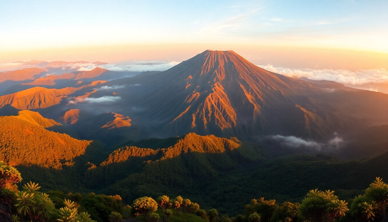 Majestic Mount Rinjani towering over Lombok with lush greenery and volcanic crater in a vibrant sunrise scene, inviting adventure and exploration.