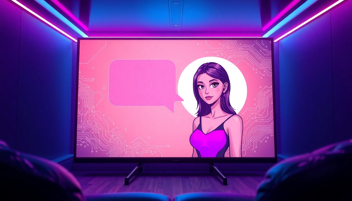 Futuristic AI chat interface with a stylized female character in a neon-lit room.