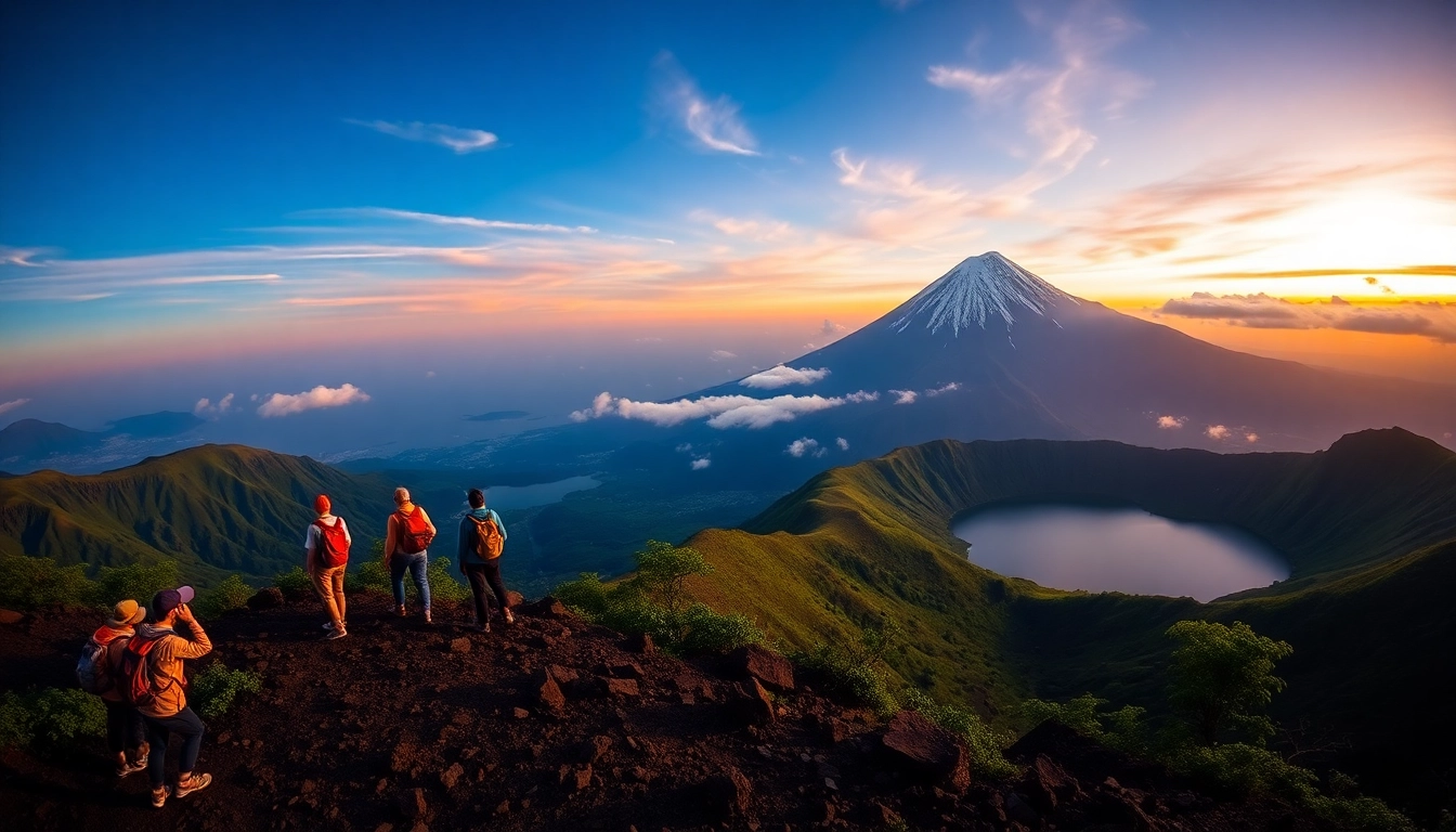 Hikers overlooking Mount Rinjani's crater at sunrise, with lush landscape and vibrant sky.