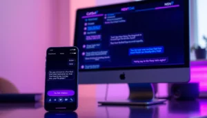 Close-up of a digital chat interface on smartphone and computer screens with adult-themed conversation in a futuristic UI style.