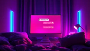 A cozy computer setup showcasing a chat interface with suggestive text, illuminated by warm ambient lighting, creating an intimate atmosphere.