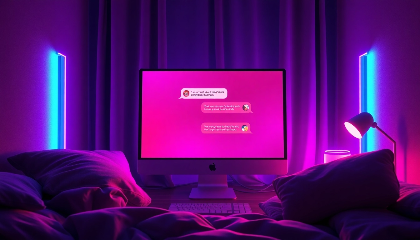 A cozy computer setup showcasing a chat interface with suggestive text, illuminated by warm ambient lighting, creating an intimate atmosphere.