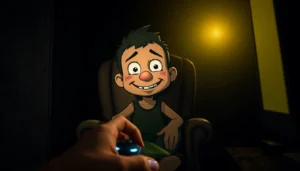 A haunting image of Harvey suffering while being clicked on repeatedly in a dark, unsettling room, emphasizing moral conflict and psychological horror.