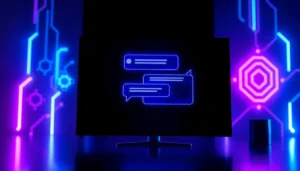 An AI chatbot interface with neon accents and digital symbols on a modern screen.