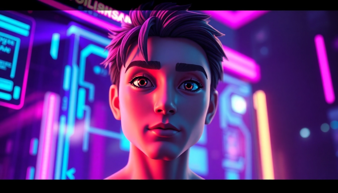 Futuristic AI-generated adult virtual environment with a hyper-realistic character and neon digital interface