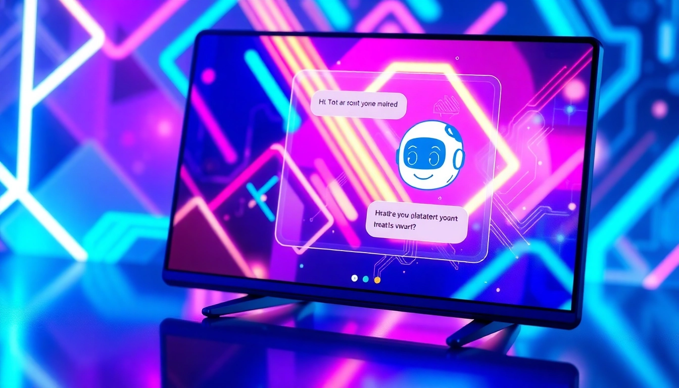 Futuristic AI chatbot interface with holographic chat window and neon-lit background