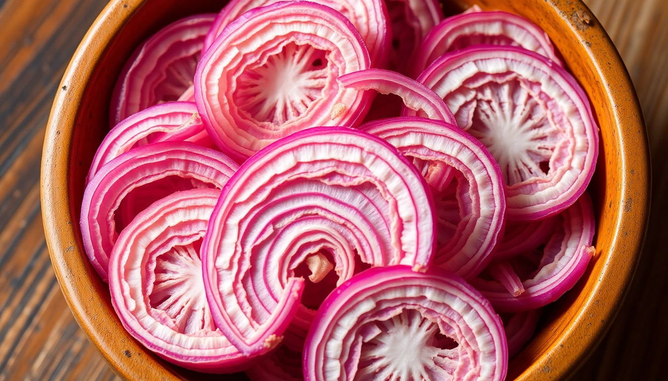 Showcase of dehydrated pink onion slices highlighting quality and appeal for culinary use